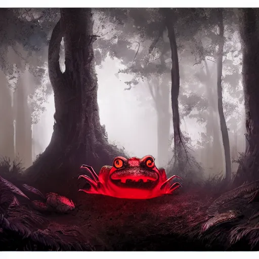 Prompt: giant evil monsterous slimy toad in the dark forest, glowing red eyes, slimy toads, dark night, midnight, foggy, atmospheric, highly detailed, hyperrealistic, gothic horror, trending on artstation, digital art, dark fantasy