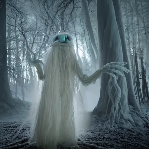 Prompt: humanoid ethereal ghostly live action muppet wraith like figure with a squid shaped parasite overtaking its head with two arms and four long tentacles for arms growing from its back that flow gracefully at its sides while it floats around the frozen woods searching for lost souls and that hide in the shadows in the trees, this character can control the ice, snow, shadows, and electricity, it is a real muppet by sesame street, photo realistic, real, realistic, felt, stopmotion, photography, sesame street