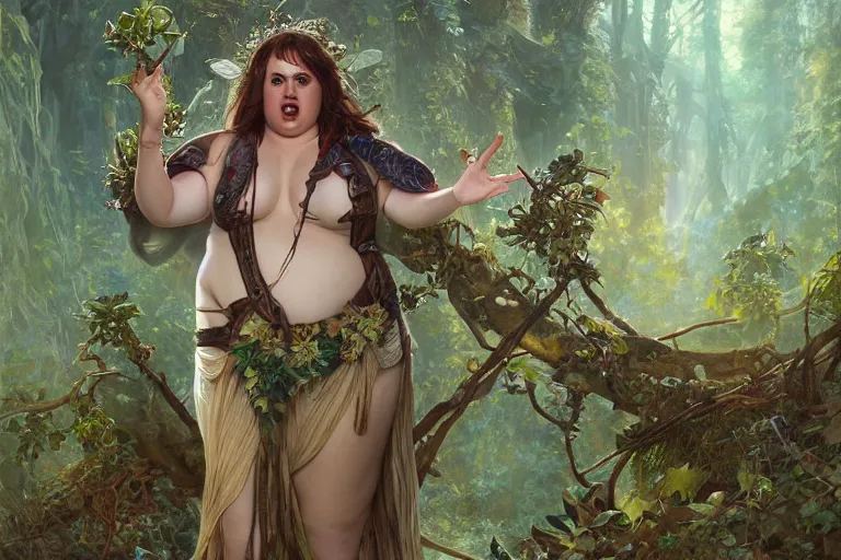 Prompt: Rebel Wilson druid with leaf and vine themed clothing, glowing energy, D&D, fantasy, intricate, cinematic lighting, highly detailed, digital painting, artstation, concept art, smooth, sharp focus, illustration, art by Artgerm and Greg Rutkowski and Alphonse Mucha