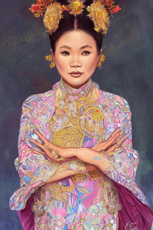 Image similar to portrait of an indonesian celebrity wearing tradistional dress, highly detailed, digital painting, artstation, concept art, sharp focus, illustration, art by kittichai rueangchaichan and james gurney and alphonse mucha