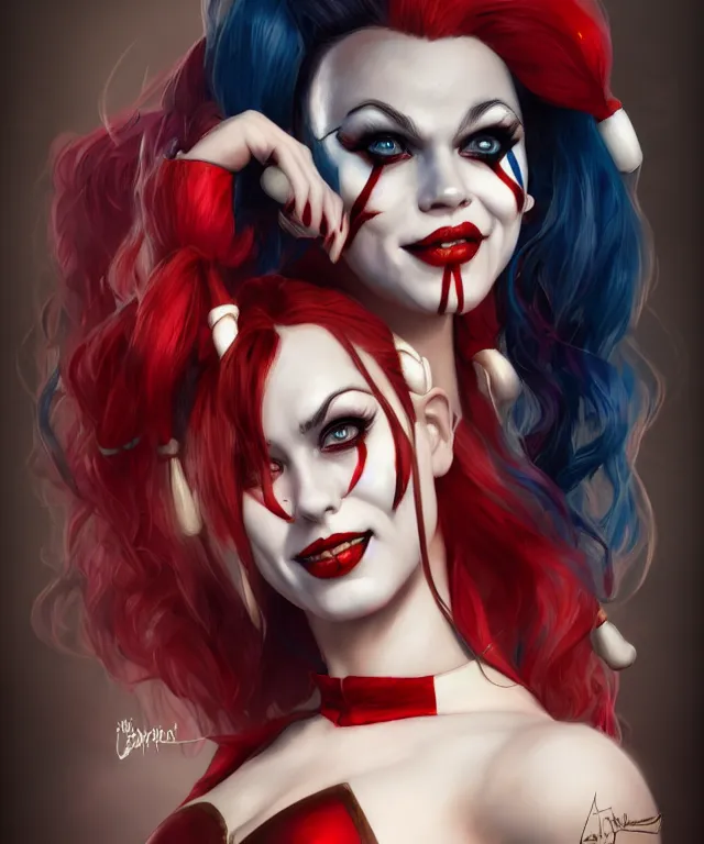 Image similar to harley quinn at the circus by charlie bowater and artgerm, portrait, intricate, face, carnival, elegant, beautiful, highly detailed, dramatic lighting, sharp focus, trending on artstation, artstationhd, artstationhq, unreal engine, 4 k, 8 k