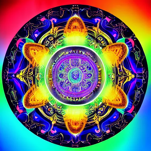 Image similar to rainbowcore, taichi sign glowing, surrounded by lotus, with the sun shining with the moon, with detailed mandala filled with fractals, bioluminescence, glowing runes, de-noise, symmetrical composition, high detailed, super clear, ornate border, 32k, by qiu ying