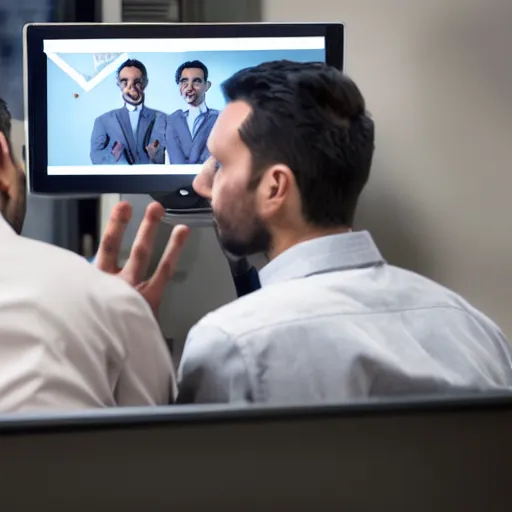 Image similar to a man looking at his digital clone in a computer screen