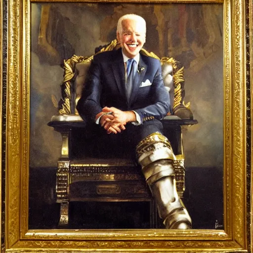 Image similar to Joe Biden sitting on his throne of skulls and smiling, oil on canvas, 1883