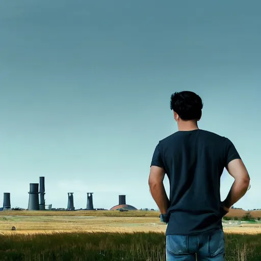 Image similar to a guy in a grey shirt and blue jeans with black hair and no facial hair looking in the distance to see a factory ( high detailed, greatly illustrated, good quality photo shot, amazed details and uhd cinematic movie shot )