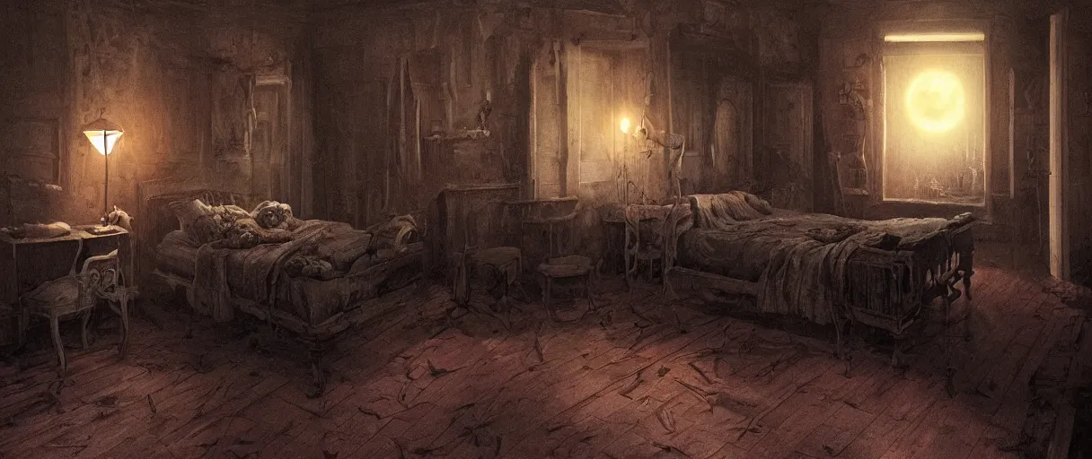 Prompt: a dark old bedroom, creatures under the bed from the darkest realm of the soul, old wood floors, old furniture, small windows with moonlight, surrealcore, hellcore, 4 k by wayne barlowe, pascal blanche