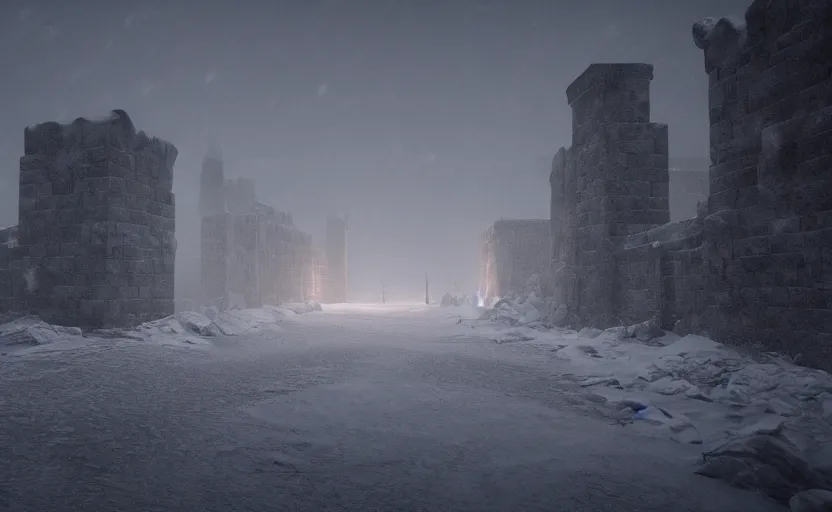 Prompt: the wall in the snowstorm, doomy, Unreal Engine, cinematic photography, highly-detailed, games of thrones, HBO, high resolution, 8k, photorealistic, stunning volumetric lighting