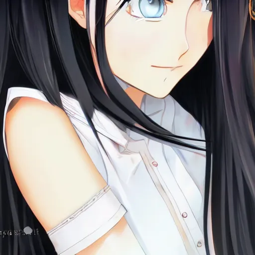 Prompt: full upper-body portrait of a girl with long black hair, wearing a white blouse, drawn by WLOP, by Avetetsuya Studios, attractive character, colored sketch anime manga panel, trending on Artstation