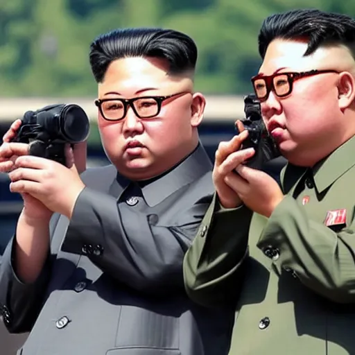 Prompt: trump and kim jong un using binoculars, at a military parade