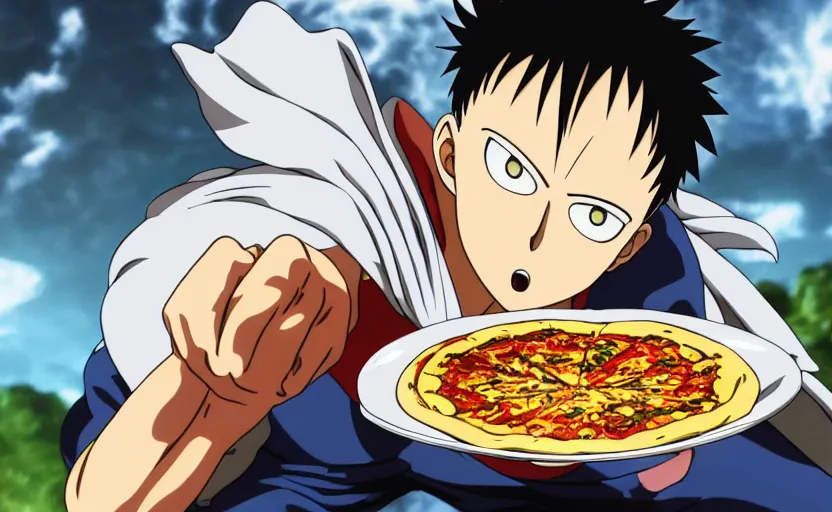 Image similar to Saitama from One Punch Man eating pizza, 8k hdr pixiv dslr photo