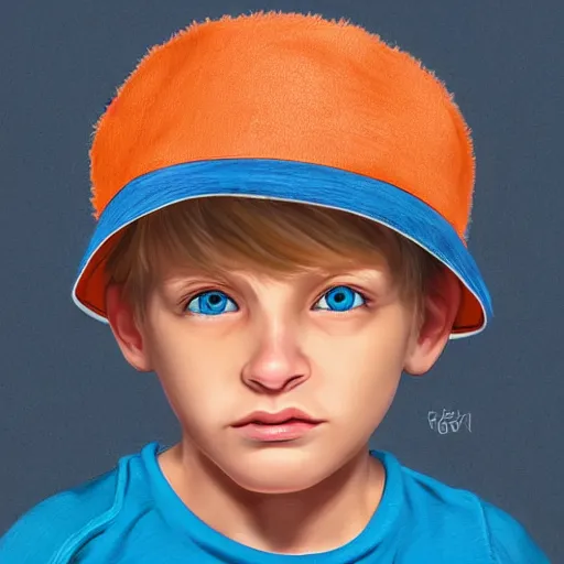 Image similar to a detailed portrait of a boy with blue eyes and blonde hair wearing an orange bucket hat, art illustration, incredibly highly detailed and realistic, 8 k, sharp focus