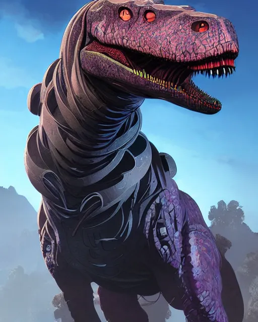 Image similar to trex as an apex legends character digital illustration portrait design by, wayne barlowe detailed, gorgeous lighting, wide angle action dynamic portrait