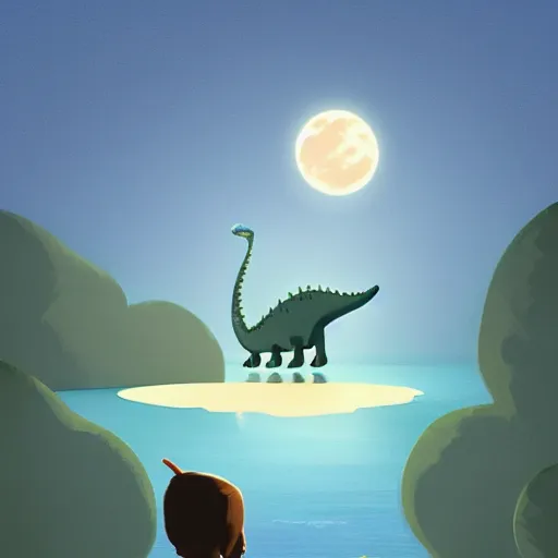 Prompt: cute dino in lake under big full moon, painting by Goro Fujita and pascal campion, sharp focus, simon stahlberg, highly detailed, ArtStation