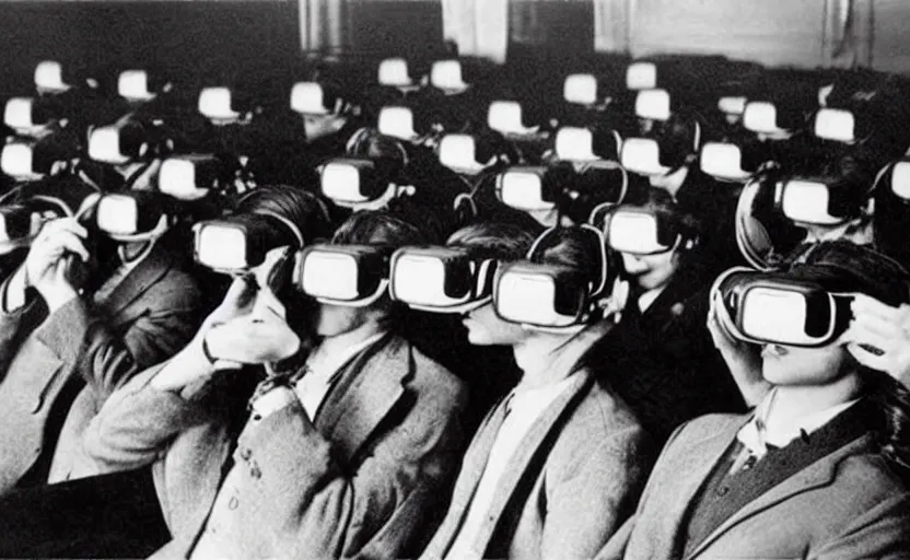 Image similar to 1 9 0 0 s photo of people using iphones ipods virtual reality headsets vr in a movie theater masterpiece