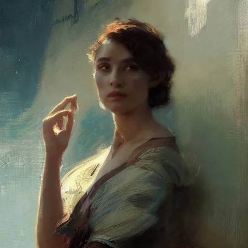 Prompt: an elegant, wise young woman looking dramatically over her shoulder, character portrait by gaston bussiere, greg rutkowski and craig mullins