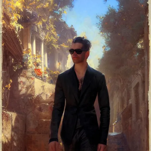 Prompt: detailed cinematic wide shot of beautiful attractive young man sunglasses black clothes black hair no beard slim face symettrical face clean skin blue eyes black clothes, ultra realistic, spring light, painting by gaston bussiere, craig mullins, j. c. leyendecker
