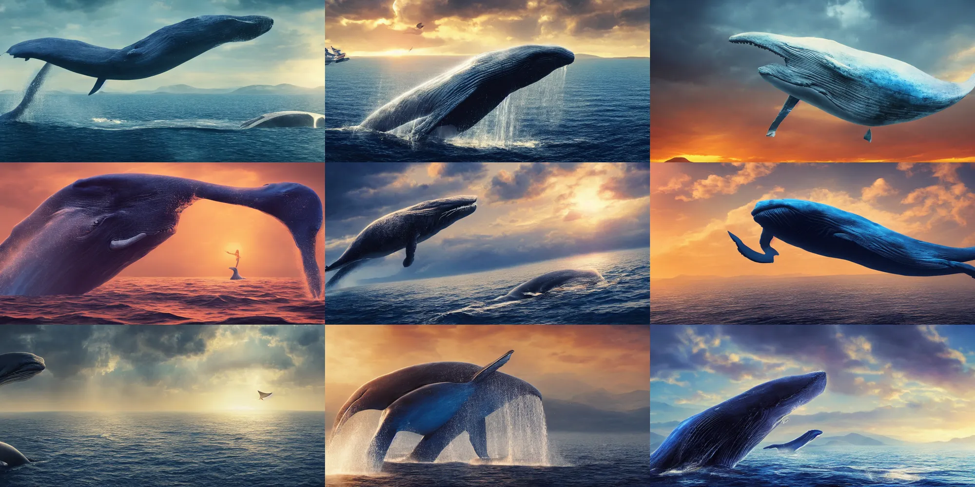 Prompt: a huge blue whale is floating in mid air, epic, cinematic shot, soft color, golden hour, artstation, atmosphere, high definition