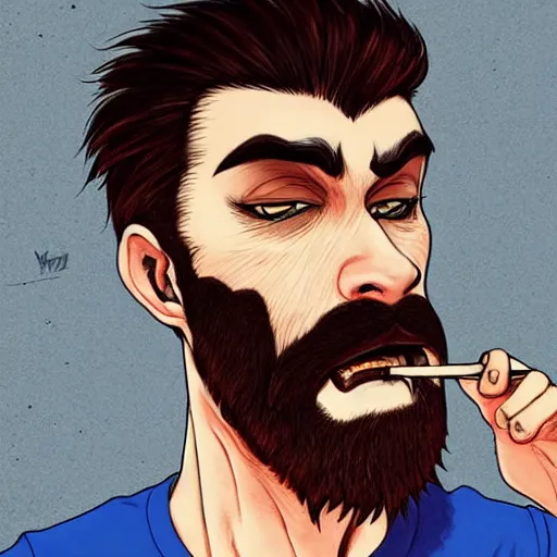 Prompt: beard man angry with italian burger, because theyre mixin salad with escargot, matte, symmetrical anatomy, hyperdetailed, digital art, baroque, pop punk art style, fantasy, full body pictures, without duplication, art by artgerm and ilya kuvshinov and vinicius gud and gustavo zambelli, intricate.