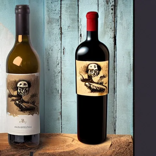 Prompt: A Wine bottle with a wooden label showing a pirate with a bird