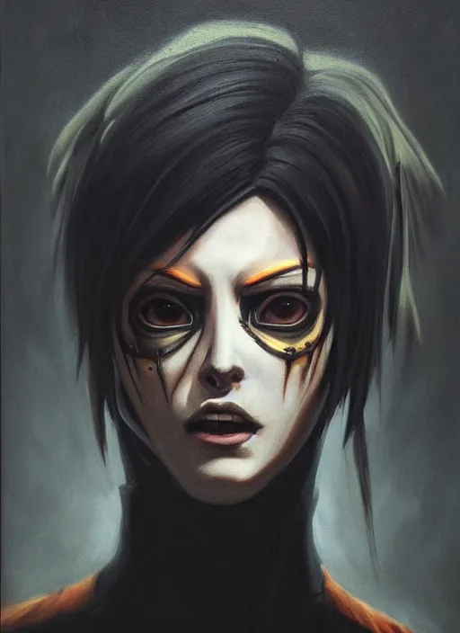 Image similar to dark portrait painting of tracer from overwatch, in style of zdzisław beksinski, scary, horror, overwatch tracer character, detailed face, dressed in dark garment, black tendrils, tall,