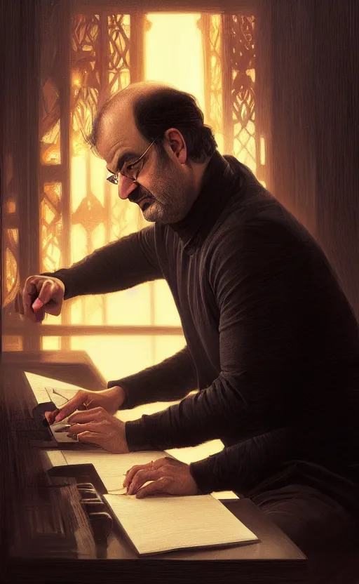 Image similar to portrait of salman rushdie writing in the dark, deep focus, blade runner 2 0 4 9, fantasy, intricate, elegant, highly detailed, digital painting, artstation, concept art, matte, sharp focus, illustration, art by artgerm and greg rutkowski and alphonse mucha