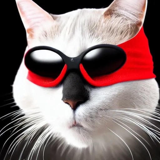 Image similar to a cat wearing a red ski mask beanie over its face with black ski goggles, photorealistic