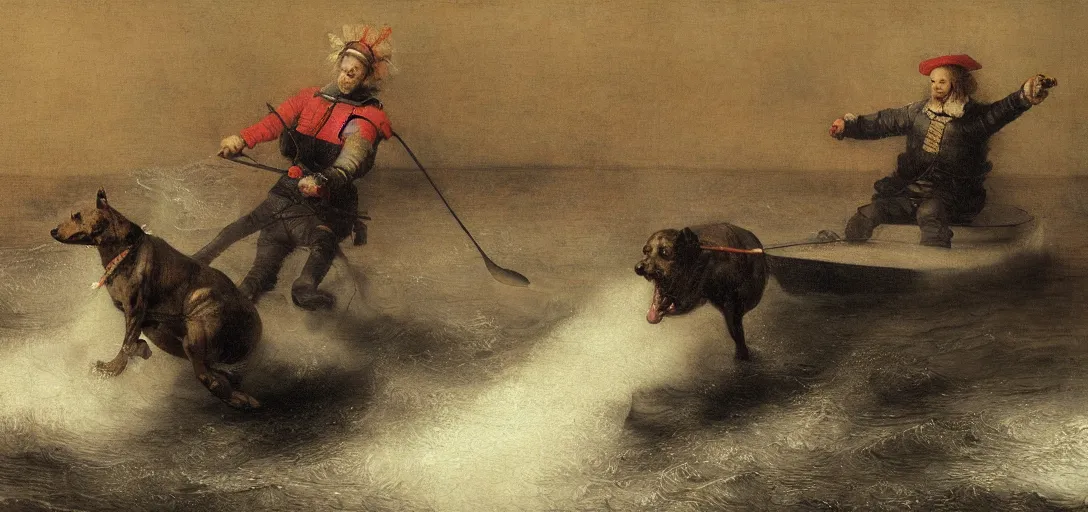 Prompt: a hairless dog water skiing in tokyo, rembrandt painting, high definition