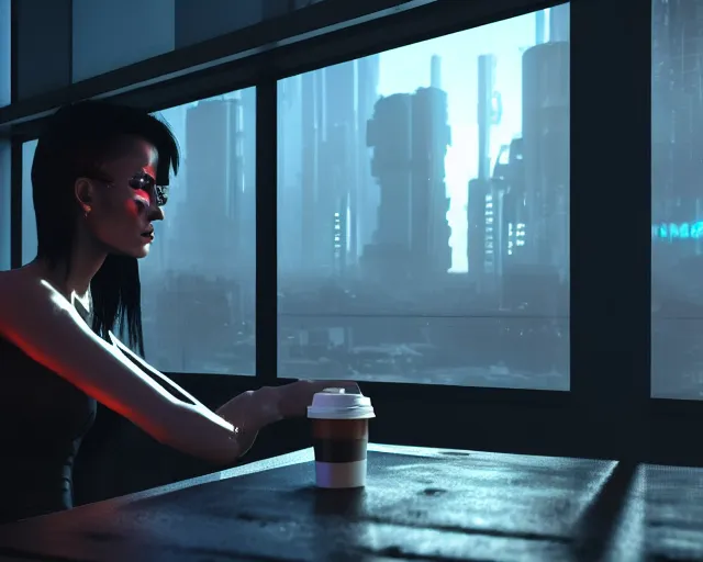 Image similar to a terminator cyborg lady with borg implants and optical fibers is drinking coffee near a window with dystopian city visible outside. very detailed 8 k. cyberpunk style. unreal engine render. global illumination. nanite. rtx. path tracing.