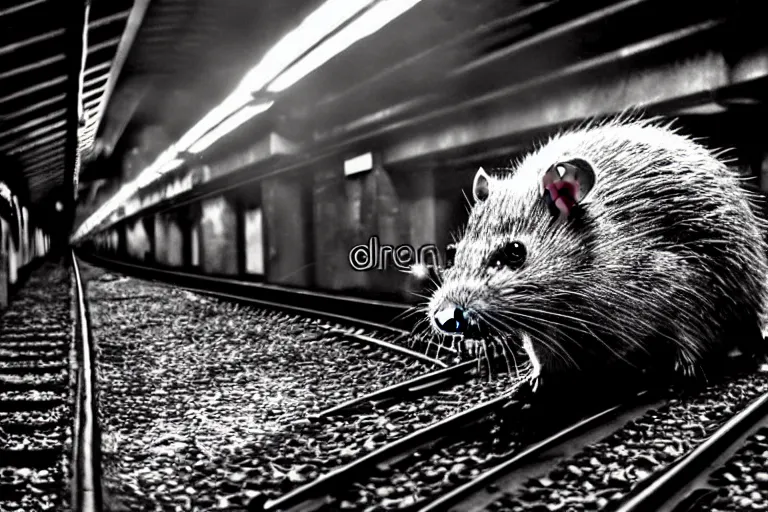 Image similar to very large giant mutant zombie irradiated angry rat sraying on railways in tonnel of moscow subway. extreme high detail. low dark light, scary atmosphere.