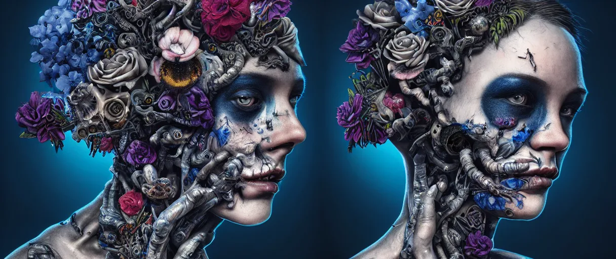 Prompt: hyperrealistic hyper detailed neo-surreal close-up 35mm portrait of cyborg covered in rococo black flower tattoos matte painting concept art hannah yata very dramatic dark blue lighting low angle hd 8k sharp shallow depth of field