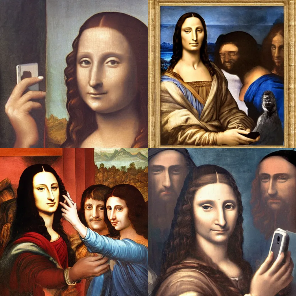 Prompt: gioconda taking a selfie with her friends, Leonardo Da Vinci style, painting