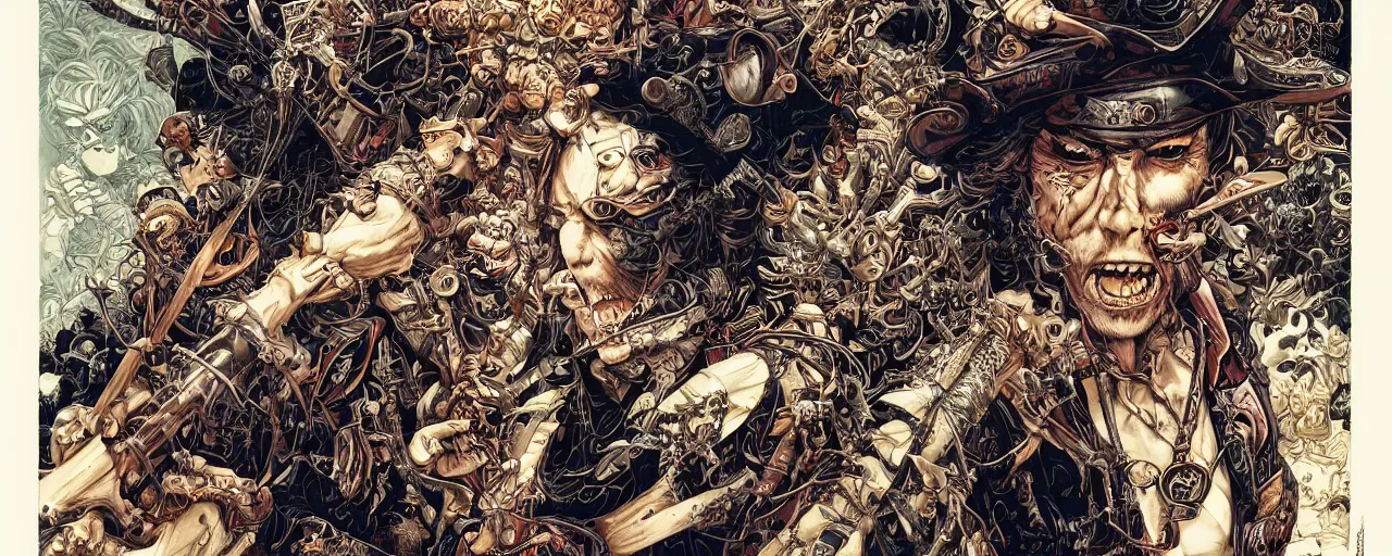 Image similar to portrait of crazy pirate, symmetrical, by yoichi hatakenaka, masamune shirow, josan gonzales and dan mumford, ayami kojima, takato yamamoto, barclay shaw, karol bak, yukito kishiro