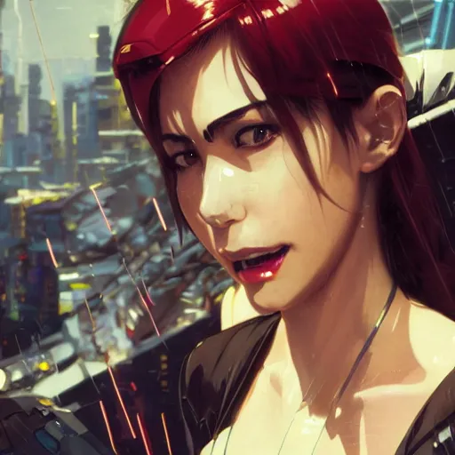 Image similar to a film still of a cyberpunk girl with a smirk, finely detailed features, aviators, closeup at the faces, dramatic cinematic, at cyberpunk city, gapmoe yandere grimdark, trending on pixiv fanbox, painted by greg rutkowski makoto shinkai takashi takeuchi craig mullins, alphonse mucha, studio ghibli, pixiv