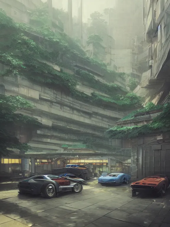 Image similar to A highly detailed matte painting of car park by Studio Ghibli, Makoto Shinkai, by Artgerm, by WLOP, by Greg Rutkowski, volumetric lighting, octane render, 4K resolution, trending on artstation, masterpiece