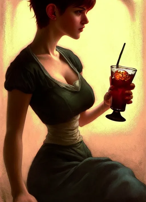 Prompt: character portrait of young woman as a a beautiful barmaid, pixie cut with shaved side hair, dimly lit cozy tavern, dystopian soviet mood, intricate, wild, highly detailed, digital painting, artstation, concept art, smooth, sharp focus, illustration, art by artgerm and greg rutkowski and alphonse mucha, vibrant deep colors, 🍸