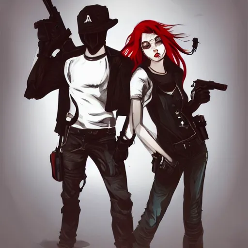 Prompt: a concept art of a boy and a girl with red hair holding a gun, gothic clothes, clean silhouette, highly detailed, digital painting, artstation, concept art, smooth, sharp focus, illustration