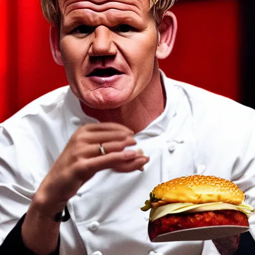 Image similar to gordon ramsay dissatisfied after taking a bite of a mcdonalds burger