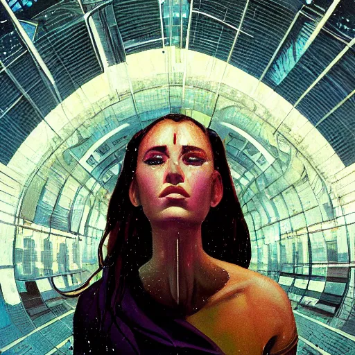 Image similar to detailed face of a woman, clockwork, moment, tectonic sky, skydome, bullet train, turbines, utopian, tech noir, wet reflections, prism, atmospheric, ambient, pj crook, syd mead, livia prima, artgerm, greg rutkowski, nick alm, casey baugh