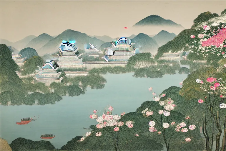Image similar to an ultradetailed landscape painting of westlake in china hangzhou, pagodas on hills, may flowers blossoms nearby, fine wind, chinese water color, smooth, sharp focus, illustration, by hilma af klint, 8 k