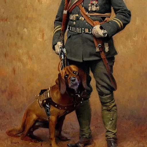 Image similar to dog dressed as a veteran colonel of the first world war german army, highly detailed painting by gaston bussiere, craig mullins, j. c. leyendecker