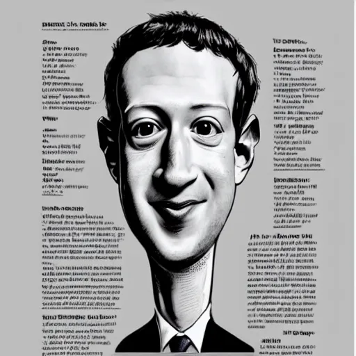 Image similar to a caricature portrait of Mark Zuckerberg drawn by Mort Drucker Mad Magazine