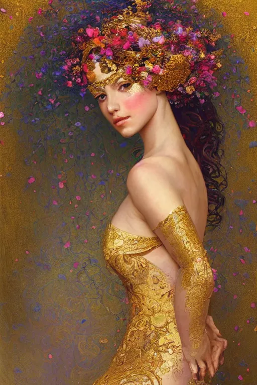 Image similar to an intricate painting of a beautiful young lady surrounded by flowing flower petals covered in silk clothes with klimt golden motives and textures, hyper detailed, ornamental gold headpiece, octane render, vivid colors, artstation, by jeremy mann, by alphonse mucha, by boris vallejo