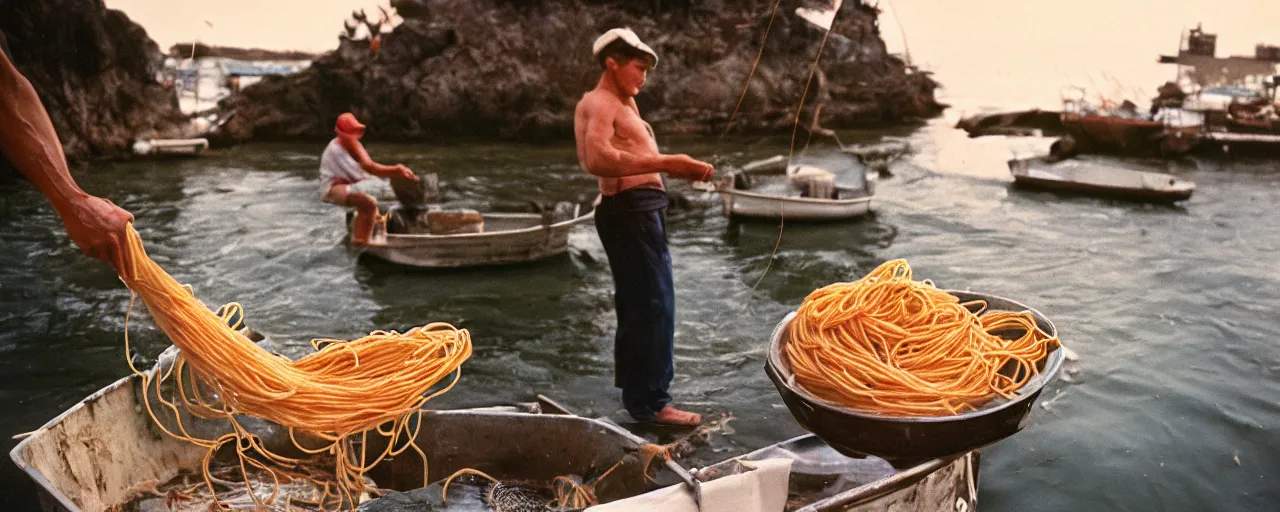 Image similar to fisherman pulling up a fresh catch of spaghetti from the ocean, canon 5 0 mm, cinematic lighting, photography, retro, film, kodachrome