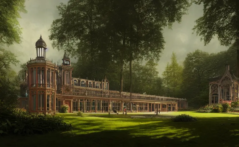 Image similar to exterior shot of utopian victorian train station on in the middle of an english garden with cinematic lighting by peter zumthor and renzo piano, darek zabrocki and greg ruthkowski, simon stalenhag, cinematic, holy place, paradise, scifi, futurism, atmospheric, concept art, artstation, trending on artstation