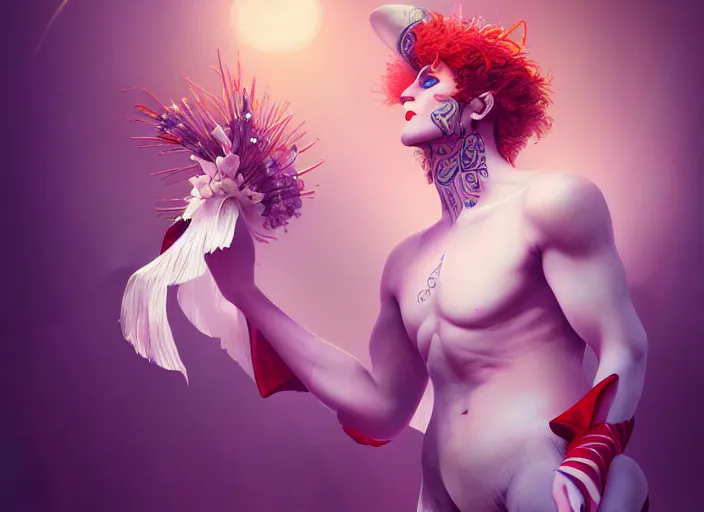 Image similar to award winning digital art of a attractive male pierrot, performing at a magnificent circus, beautiful circus themed background, trending artstation, digital art, aesthetic, bloom, intricate, elegant, sharp focus, digital illustration, highly detailed, octane render, digital painting, concept art, witchlight carnival, masterpiece