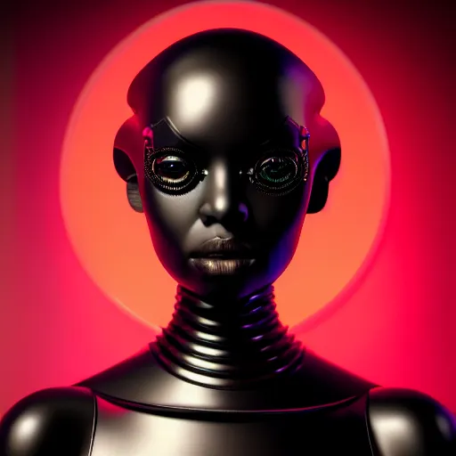 Image similar to portrait of an absurdly beautiful, graceful, sophisticated, fashionable black cyberpunk mechanoid gravure idol, hyperdetailed illustration by irakli nadar, adut akech, matt wisniewski style, intricate linework, dark black porcelain skin, jellyfish headdress, unreal engine 5 highly rendered, global illumination, red light, detailed and intricate environment