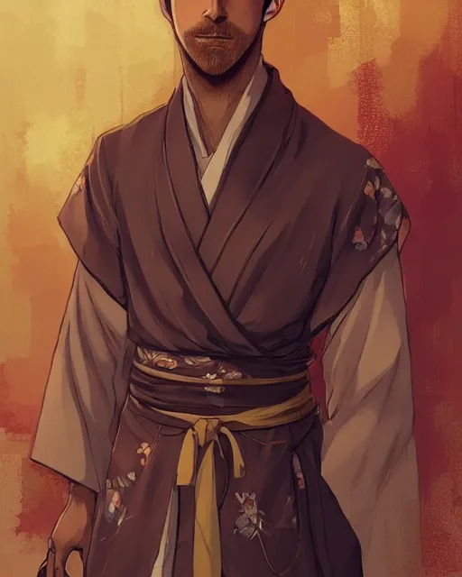 Prompt: an anime portrait of ryan gosling as a beautiful man wearing a kimono from skyrim, by stanley artgerm lau, wlop, rossdraws, james jean, andrei riabovitchev, marc simonetti, and sakimichan, trending on artstation