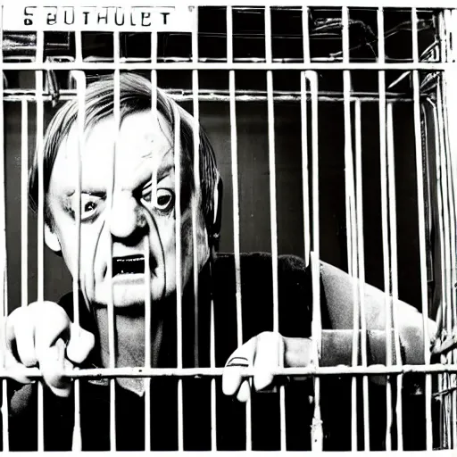 Prompt: mark e smith uncomfortably crouched in a small cage with a sign that says for sale