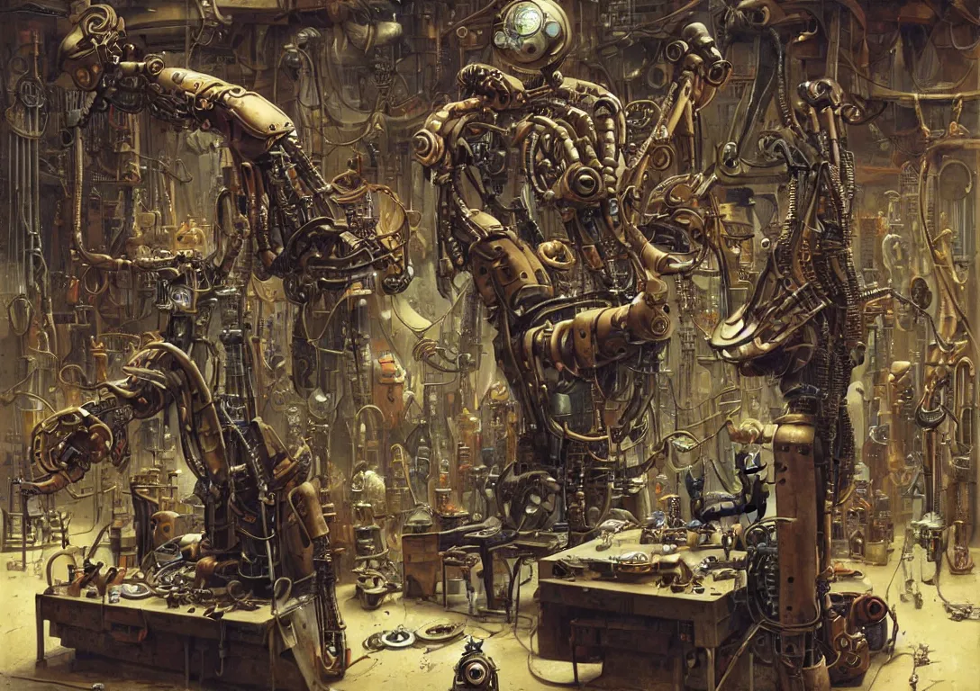 Image similar to a man in a messy steampunk workshop inspecting a futuristic robot hand in the style of wayne barlowe, dali, boris vallejo