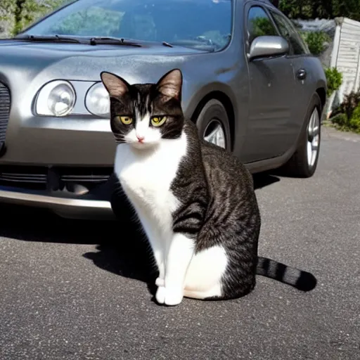 Image similar to a cat that is gigantic and sitting right next to a car outside of a house